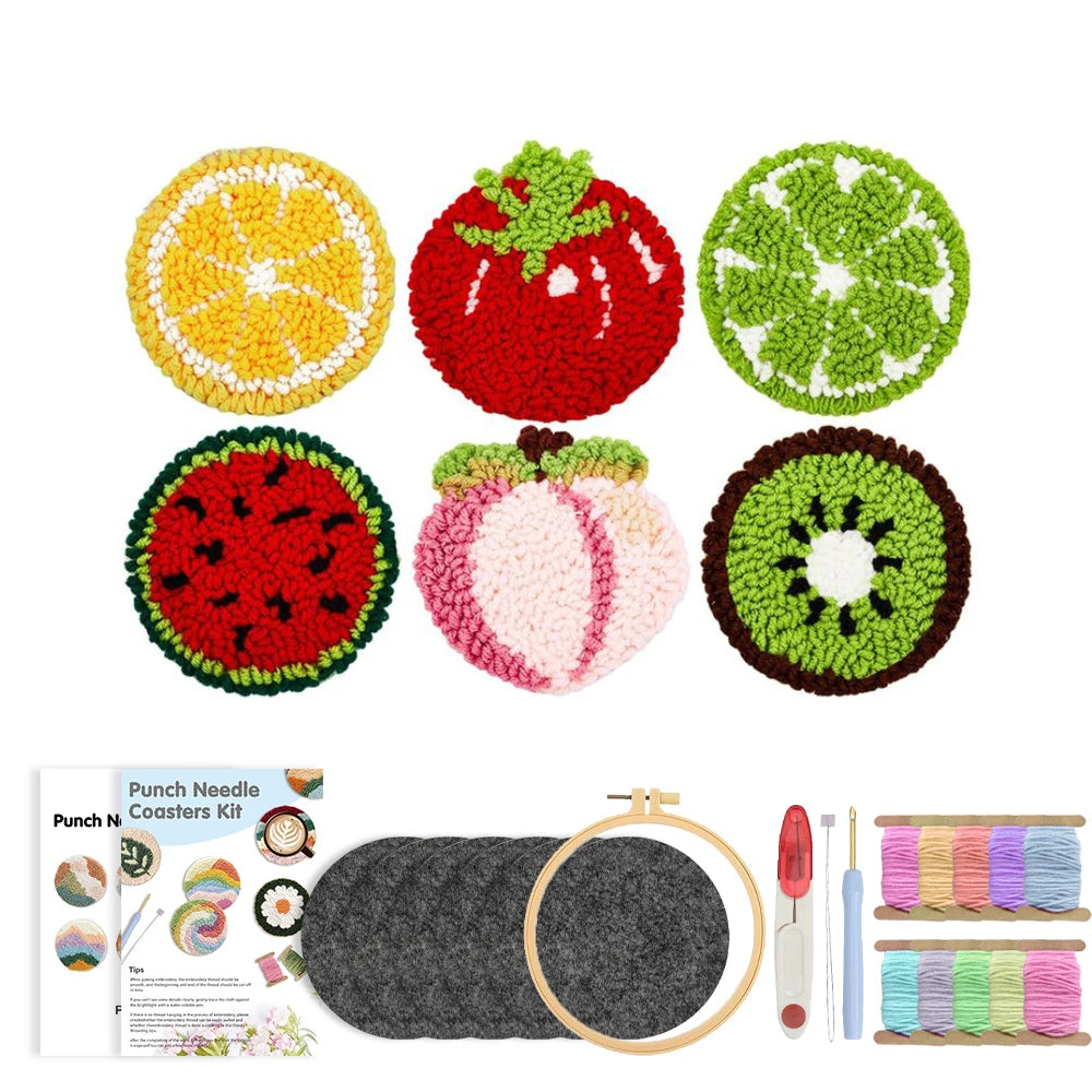 Punch Needle pakket Fruit onderzetters complete startersset 6-delig