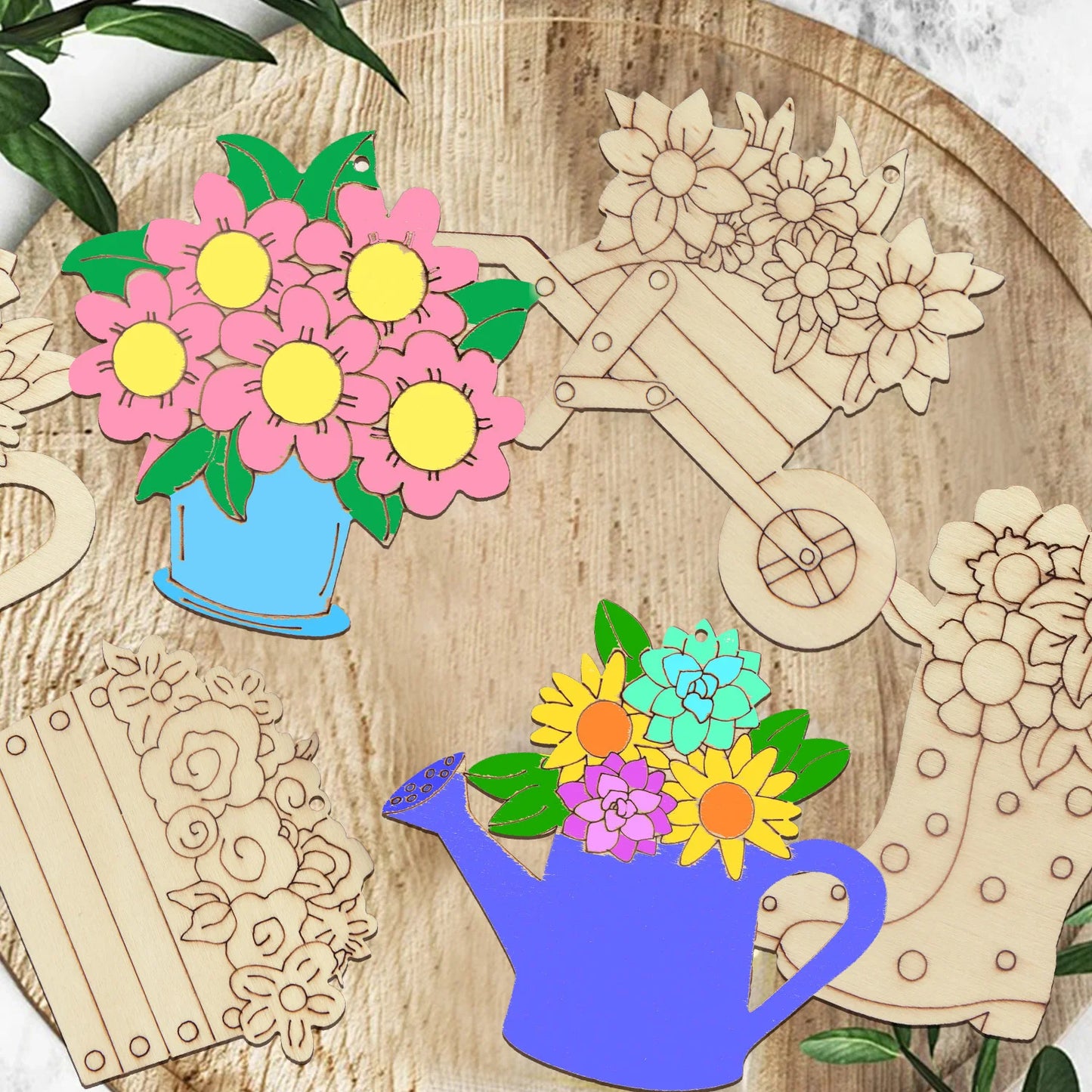 Houten figuren om zelf te kleuren/schilderen bloemen set (15 stuks)