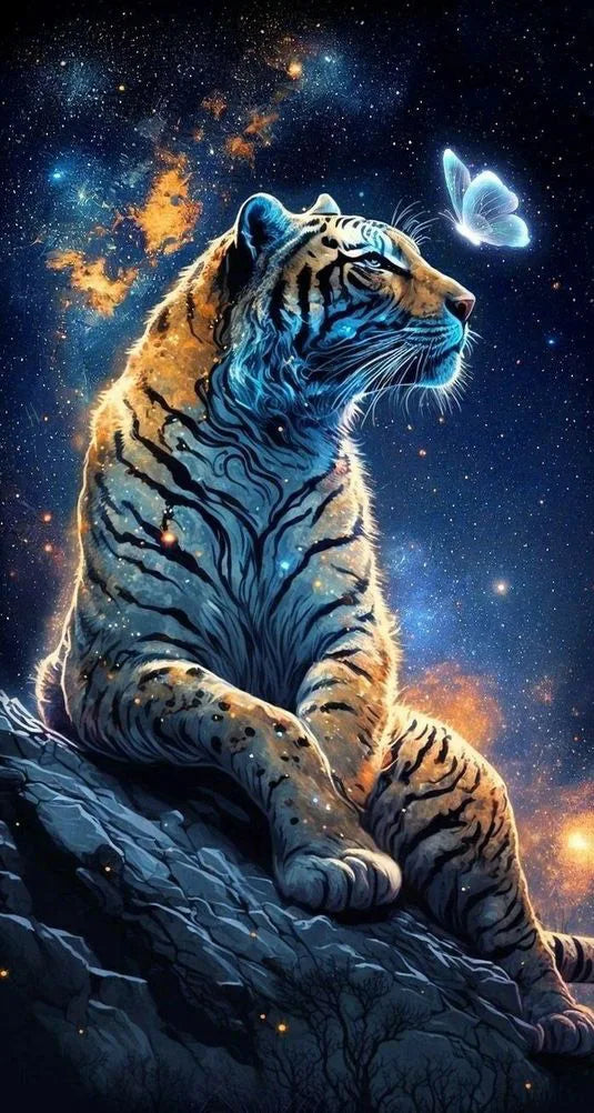 AB Diamond Painting op canvas - Tijger bij Sakura boom en maan