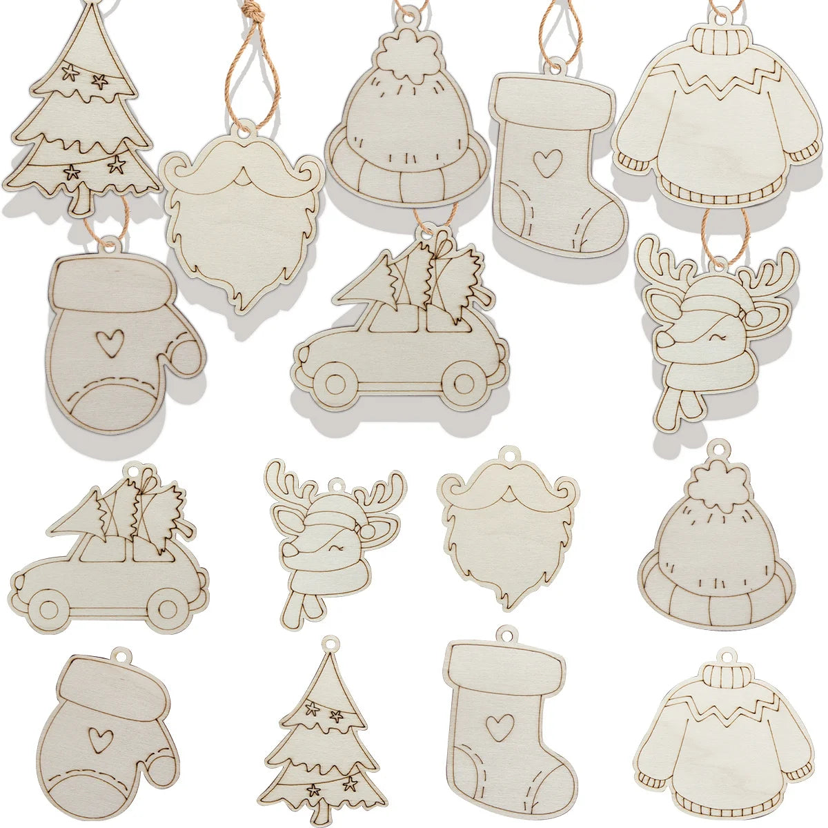 Houten figuur om zelf te schilderen/kleuren – 8 stuks kerst herten, auto’s en mutsen hangornamenten