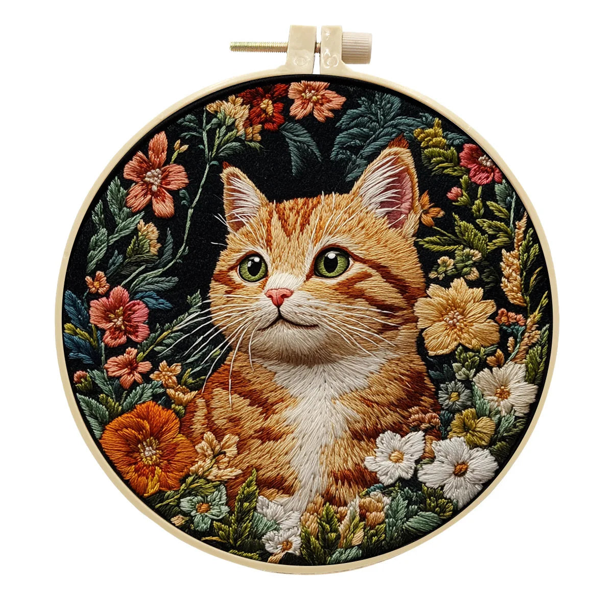 Borduurpakket rond Kat met Bloemen op Zwarte Stof 30 x 30 cm