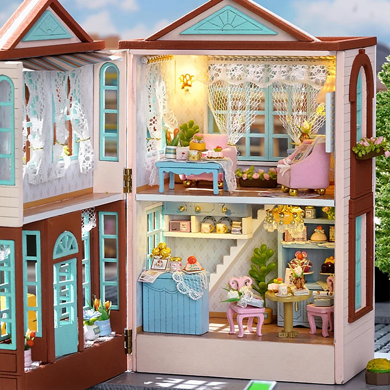Zelfbouw miniatuurhuisje houten villa met meubels en verlichting - D-031