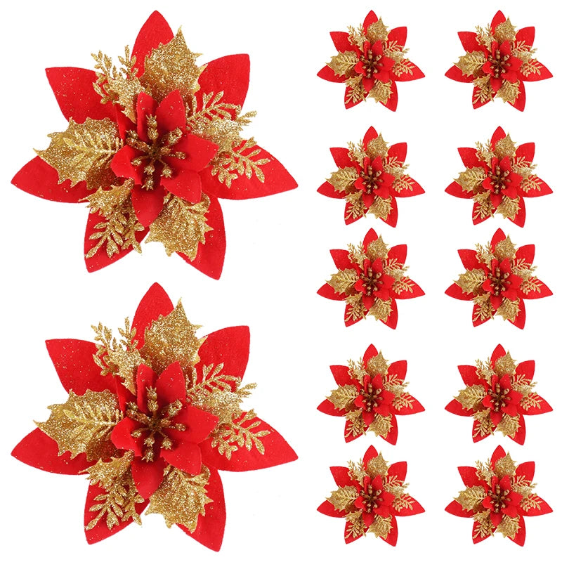 Kerst ornament voor in Kerstboom glitterbloemen goud 14,5 cm set van 5 stuks