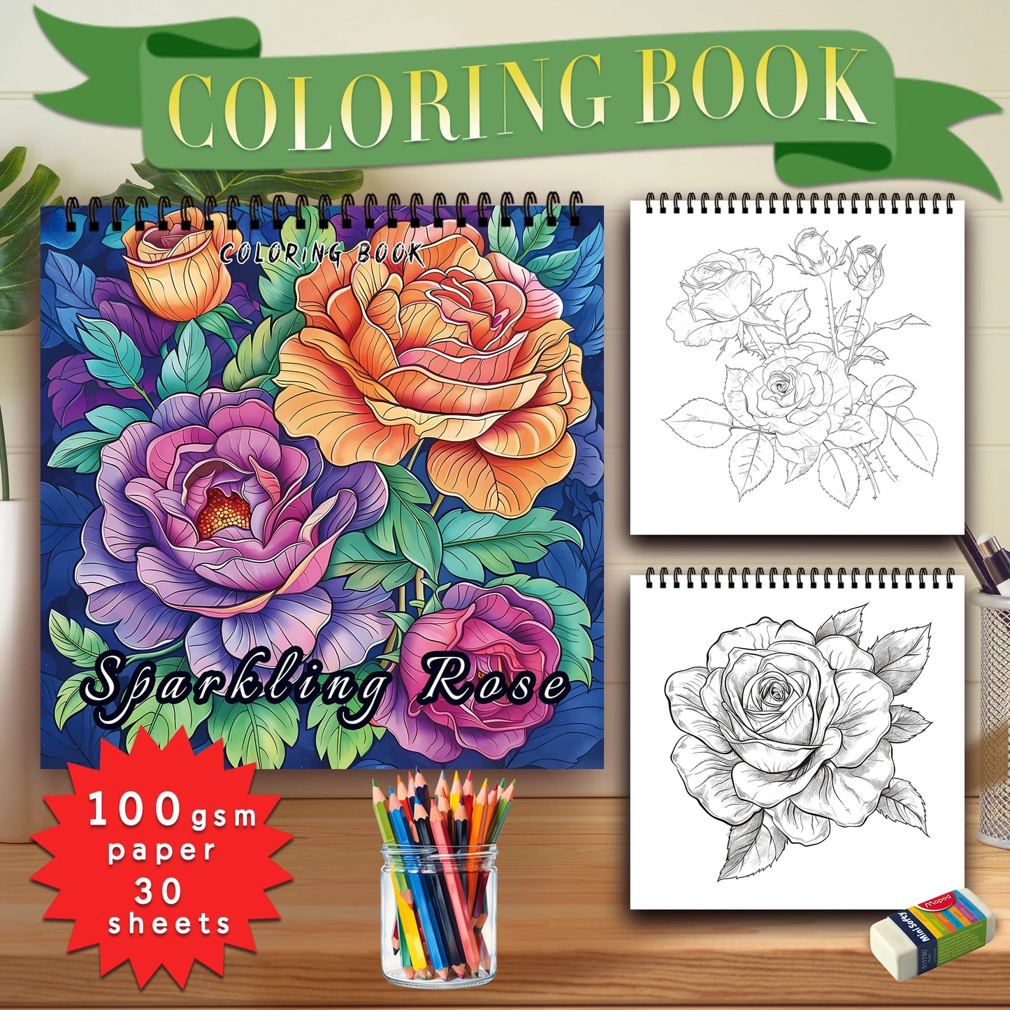 Kleurboek voor volwassenen – 30 rustgevende tekenpagina’s op dik papier - Sparkling Rose