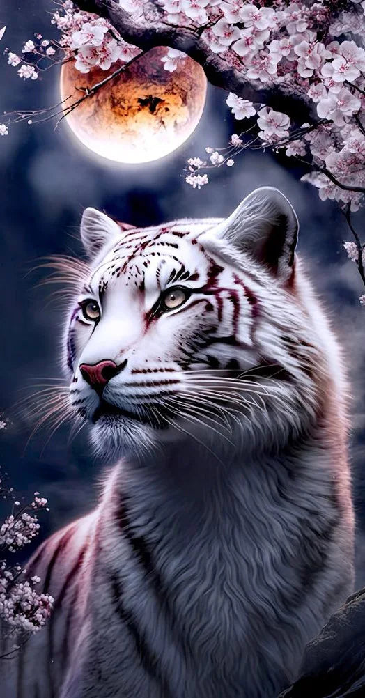 AB Diamond Painting op canvas - Tijger bij Sakura boom en maan