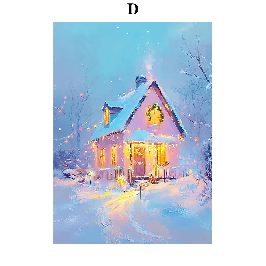 Kerst schilderij sfeervol nachtelijk sneeuwhuis met kerstboom op canvas