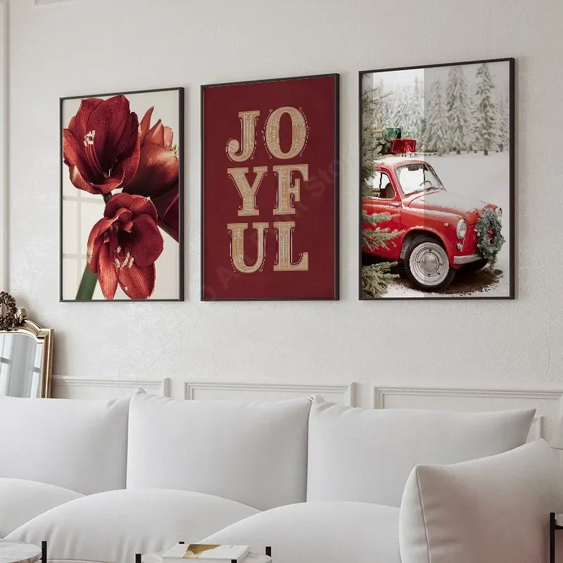 Kerst schilderij rode amaryllis met kerstboom en notenkraker – sfeervolle wanddecoratie