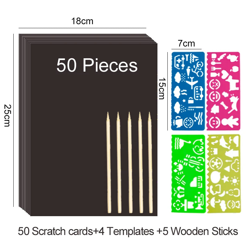Krastekening set met 4 schildertemplates en kleurrijk kraspapier
