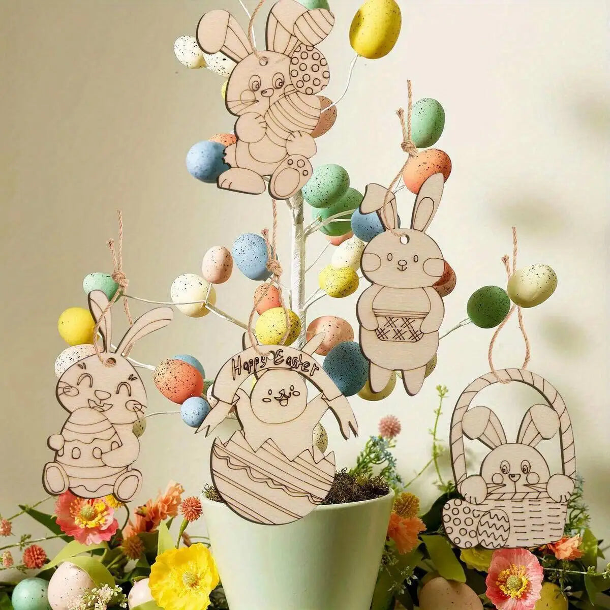 Houten Paas figuren om zelf te kleuren/schilderen – Konijn & Ei Hangers Set