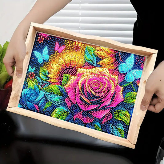 Diamond Painting Dienblad Roos, Zonnebloem en Vlinders Houten Tray met Handvat