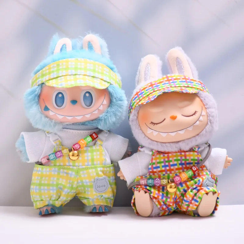 Kleding voor Labubu poppen – Regenboog overall en hoed set 15/17cm
