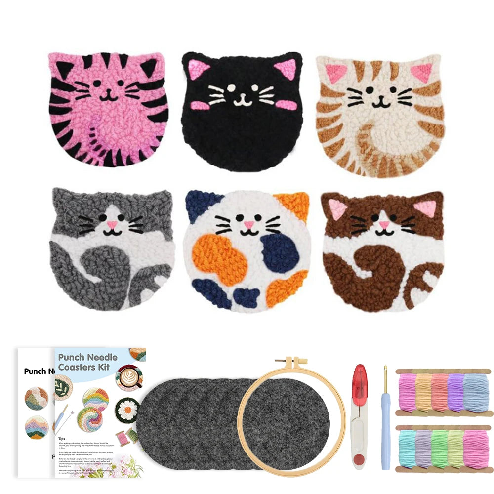 Punch Needle pakket onderzetters katten set met 6 onderzetters voor beginners