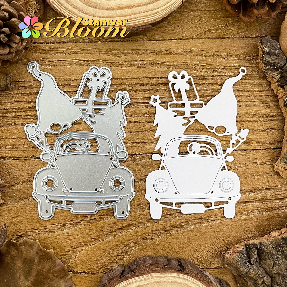 Snijmal kerst truck met vrolijke kabouter voor kaarten en scrapbooking