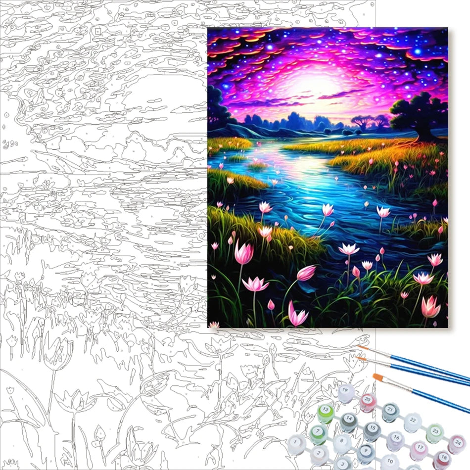 Schilderen op nummer Landschappen Nachtvijver Scène - 9950779