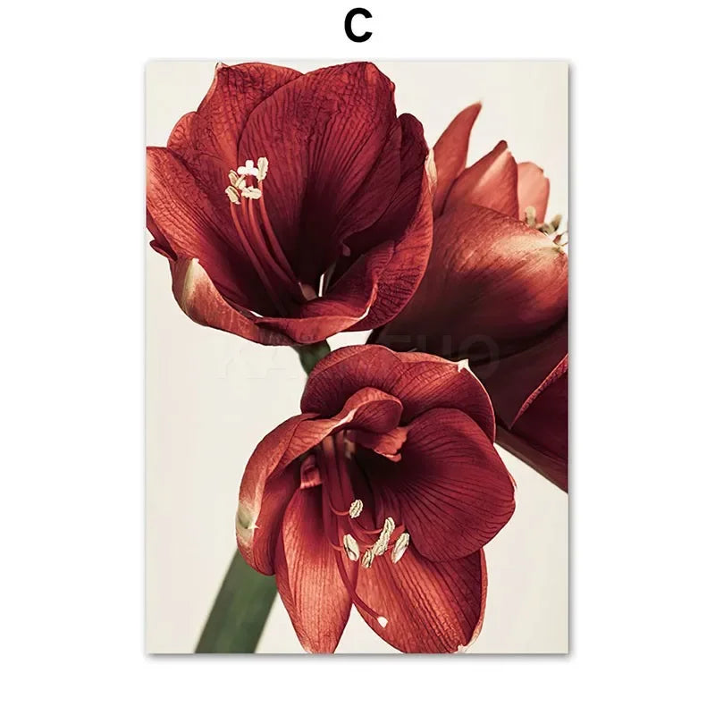 Kerst schilderij rode amaryllis met kerstboom en notenkraker – sfeervolle wanddecoratie