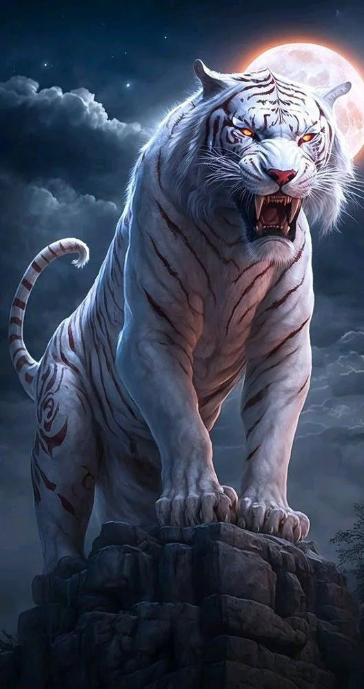 AB Diamond Painting op canvas - Tijger bij Sakura boom en maan