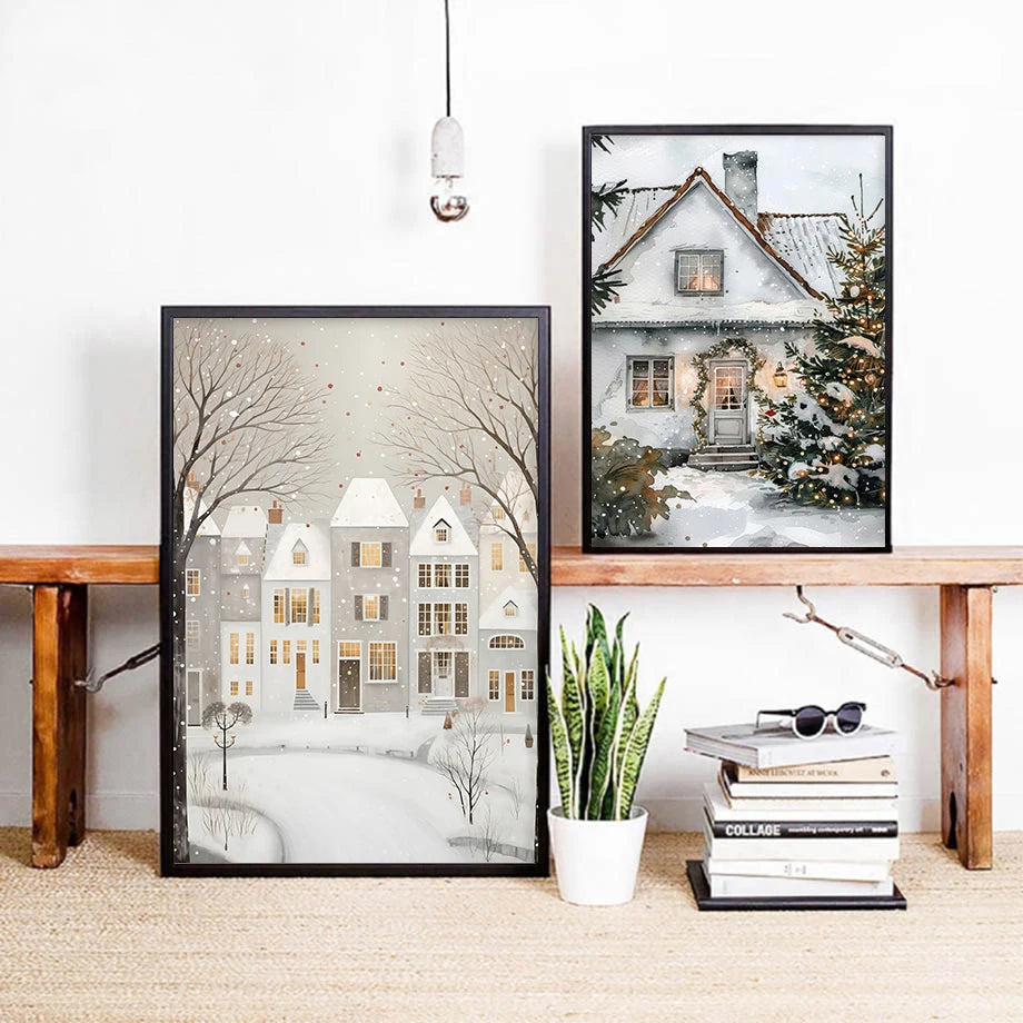 Kerst schilderij romantische winteravond in Parijs met sneeuw en kerstboom