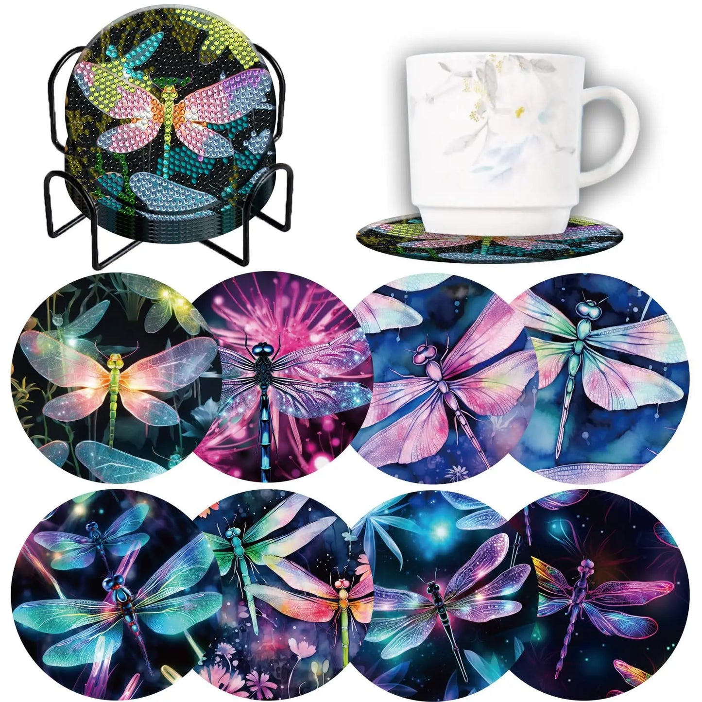 Diamond Painting Onderzetters - Set van 8 met Houder - Antislip Houten Onderzetters met Diamond Painting Steentjes