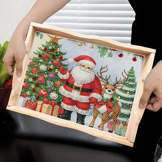 Diamond Painting Dienblad Kerstman met Rendier en Kerstbomen Houten Tray