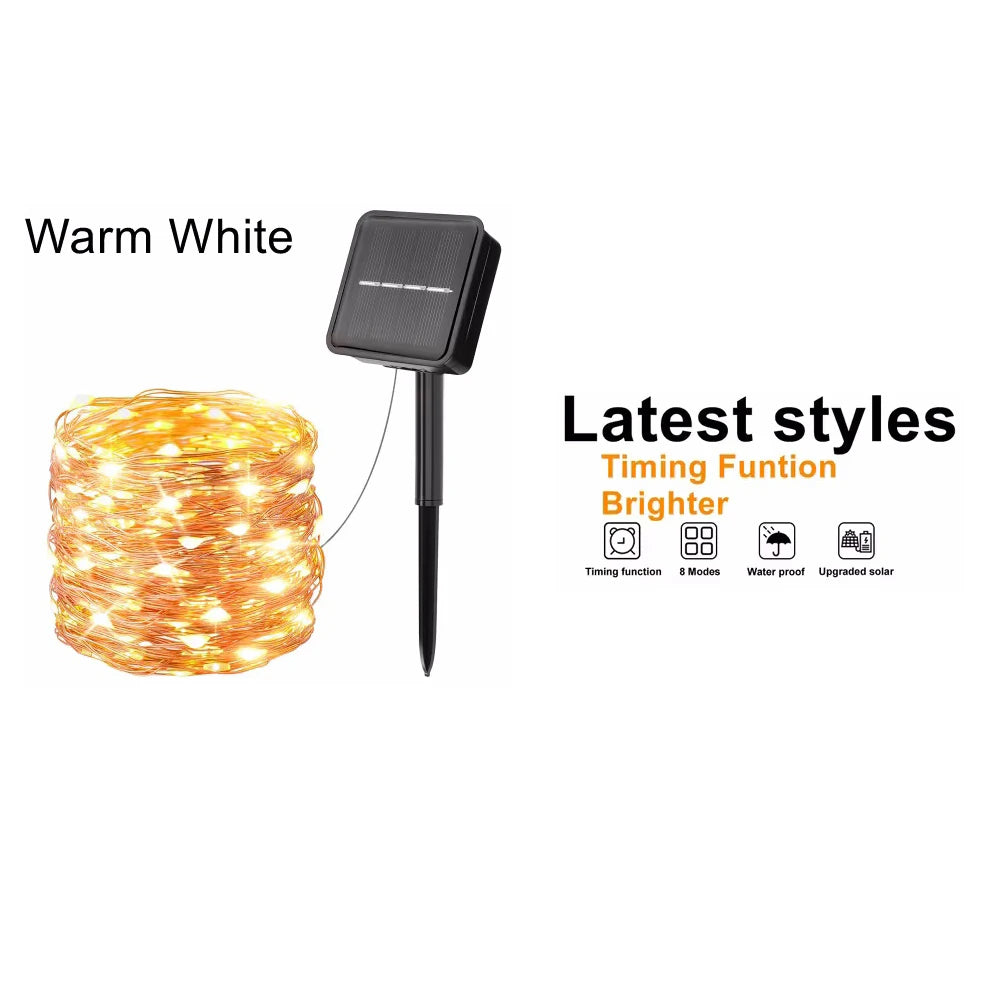 Solar Kerstverlichting multicolor buiten – koperkleurige draad met 8 lichtstanden