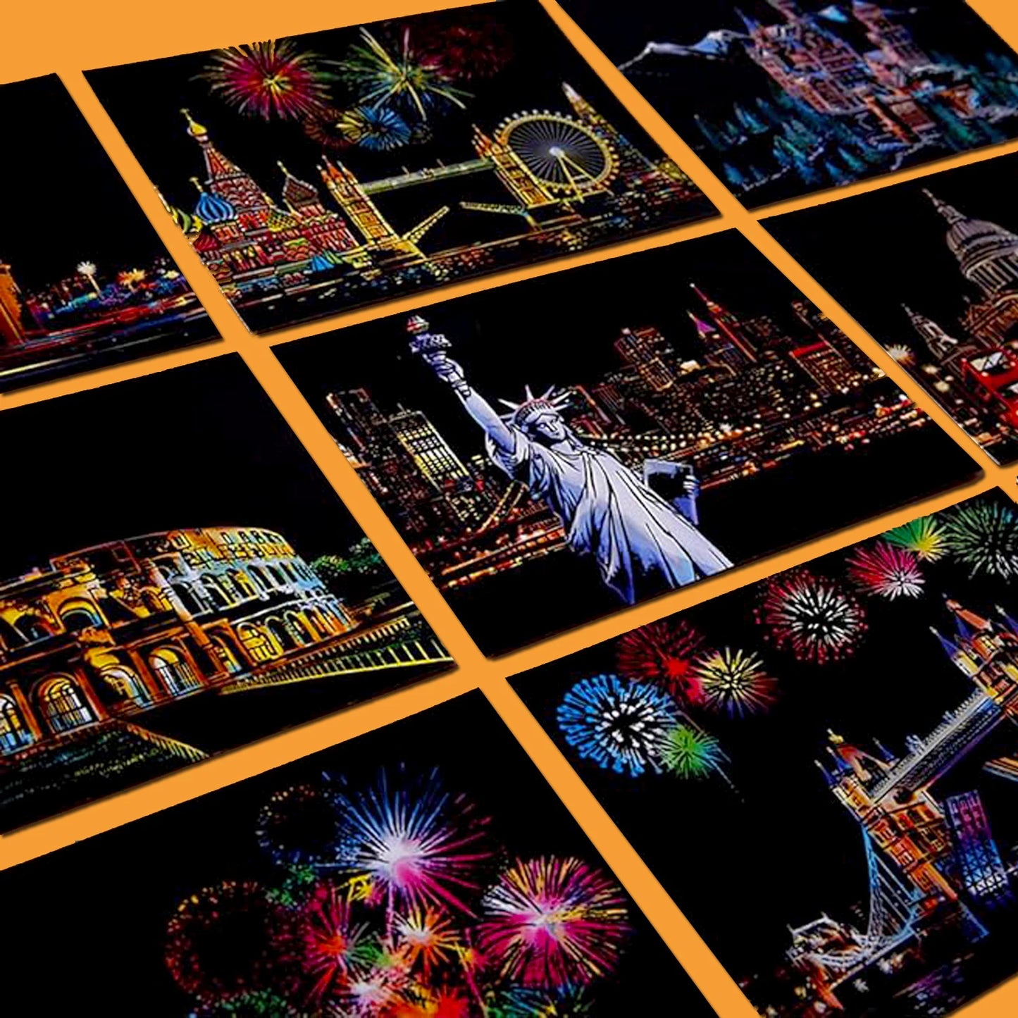 Krastekening Nachtelijke Stadsgezichten Set van 4 Kleurrijke Kaarten