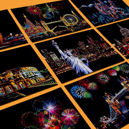 Krastekening Nachtelijke Stadsgezichten Set van 4 Kleurrijke Kaarten