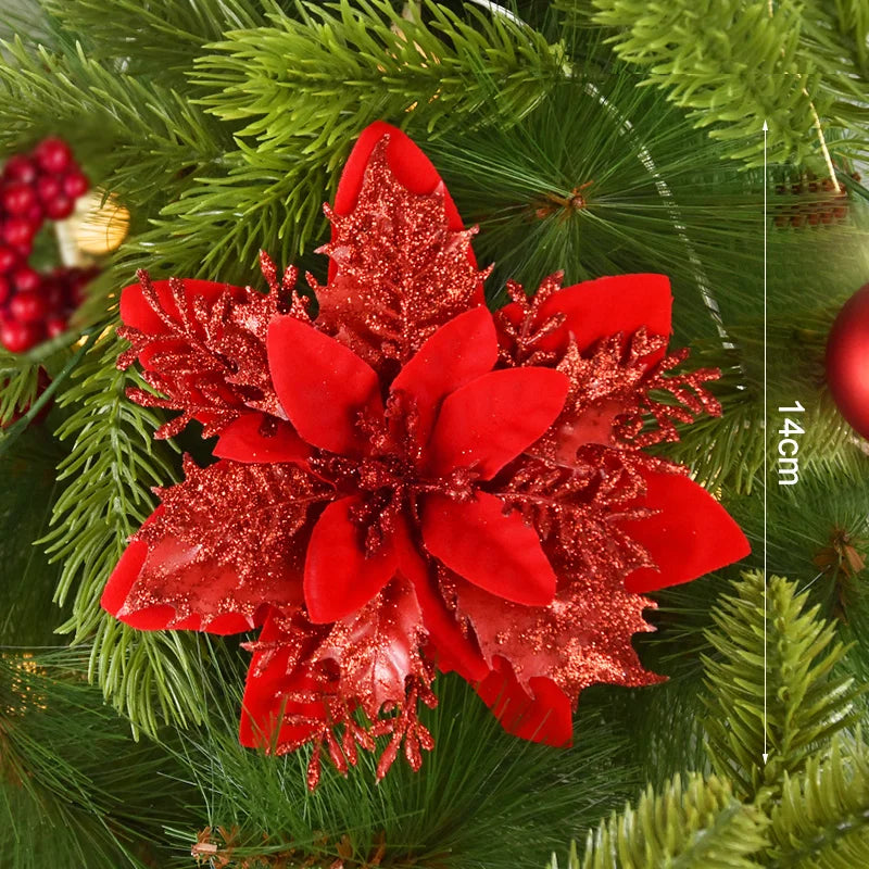 Kerstboom ornamenten glitter bloemen 14cm kerstdecoratie set