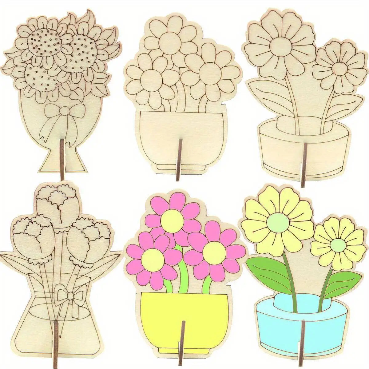 Houten figuren om zelf te kleuren/schilderen – Bloemenboeket decoratie (16 stuks)