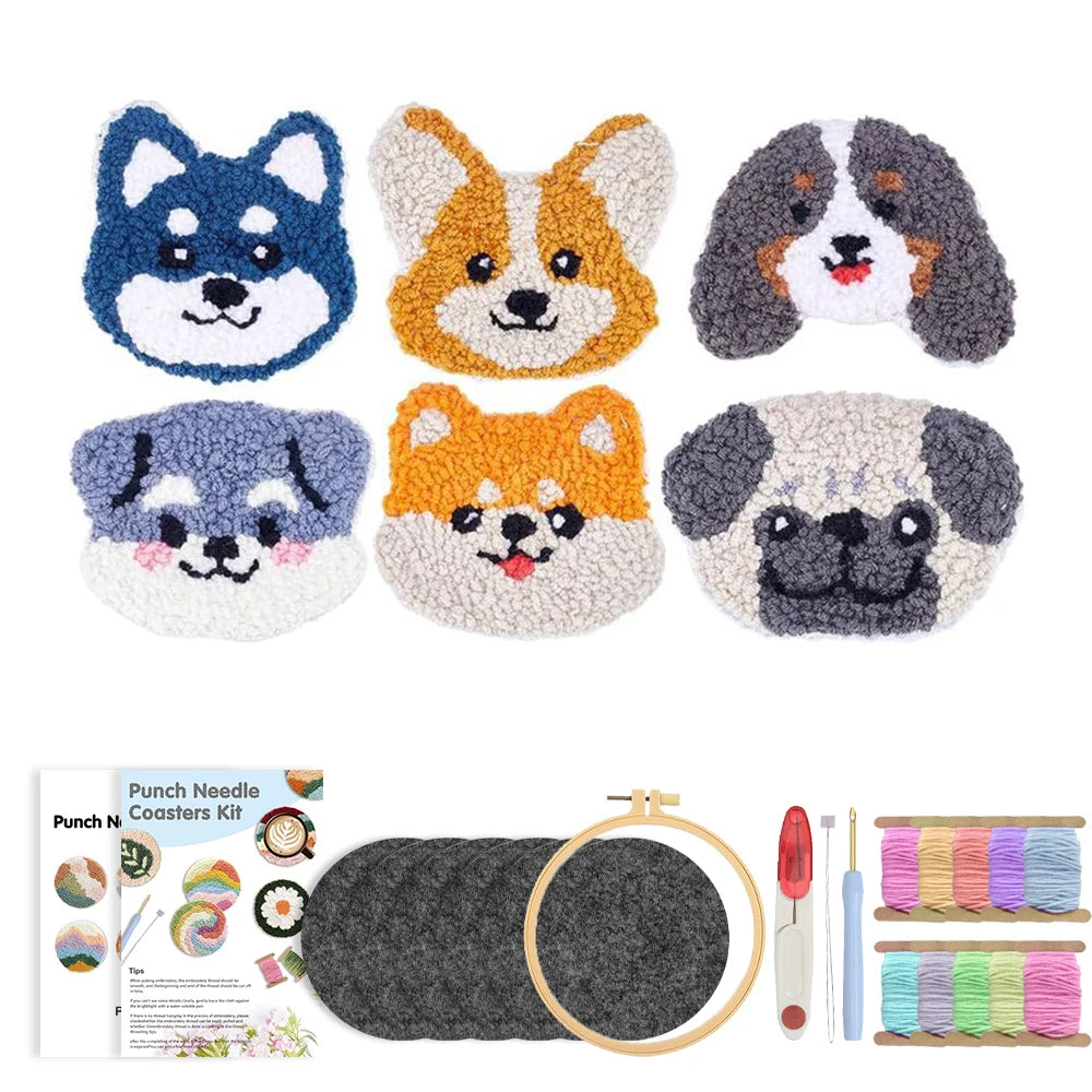 Punch Needle pakket onderzetters honden 6-delig voor beginners