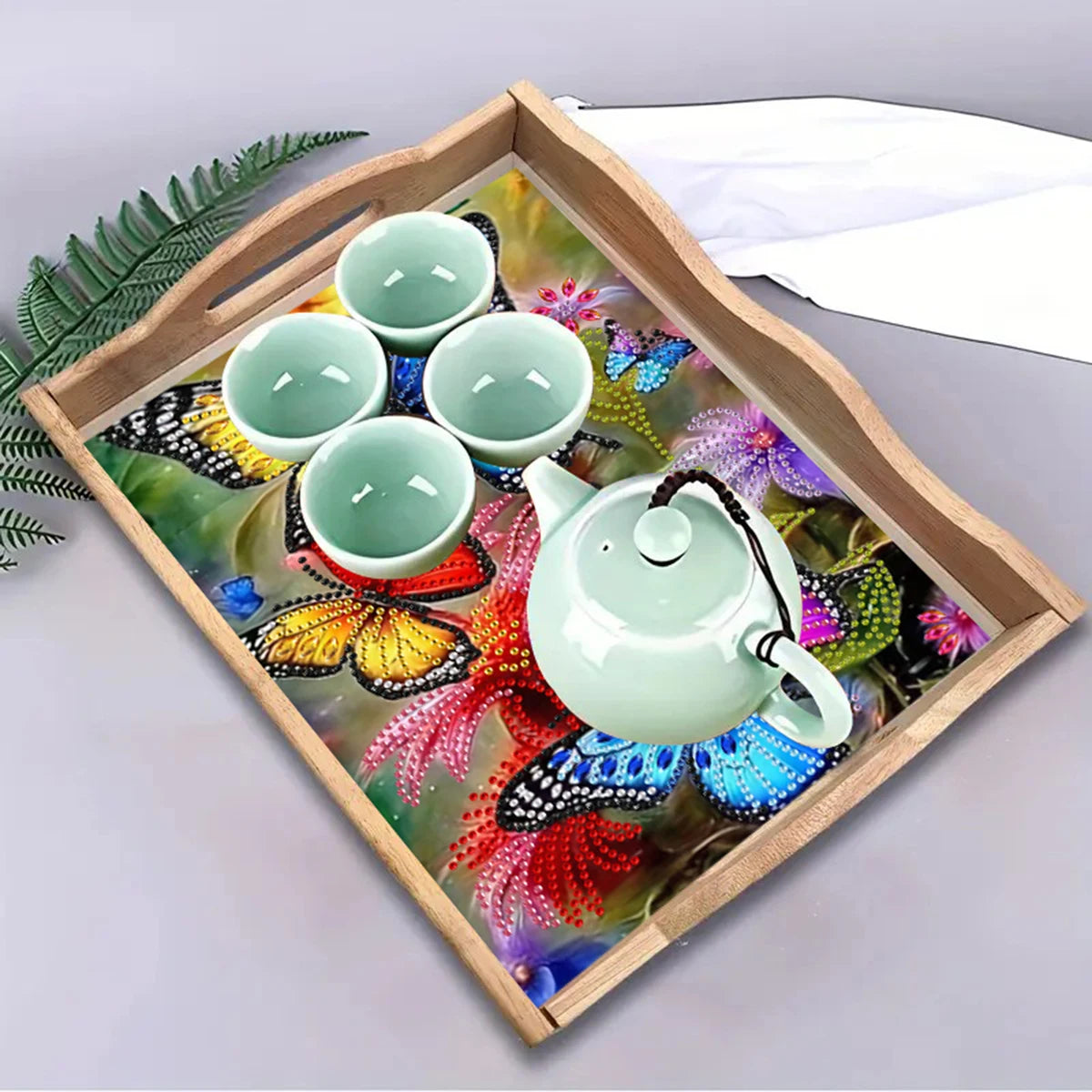 Diamond Painting Dienblad Vlinders met Houten Handgreep voor Strass Steentjes