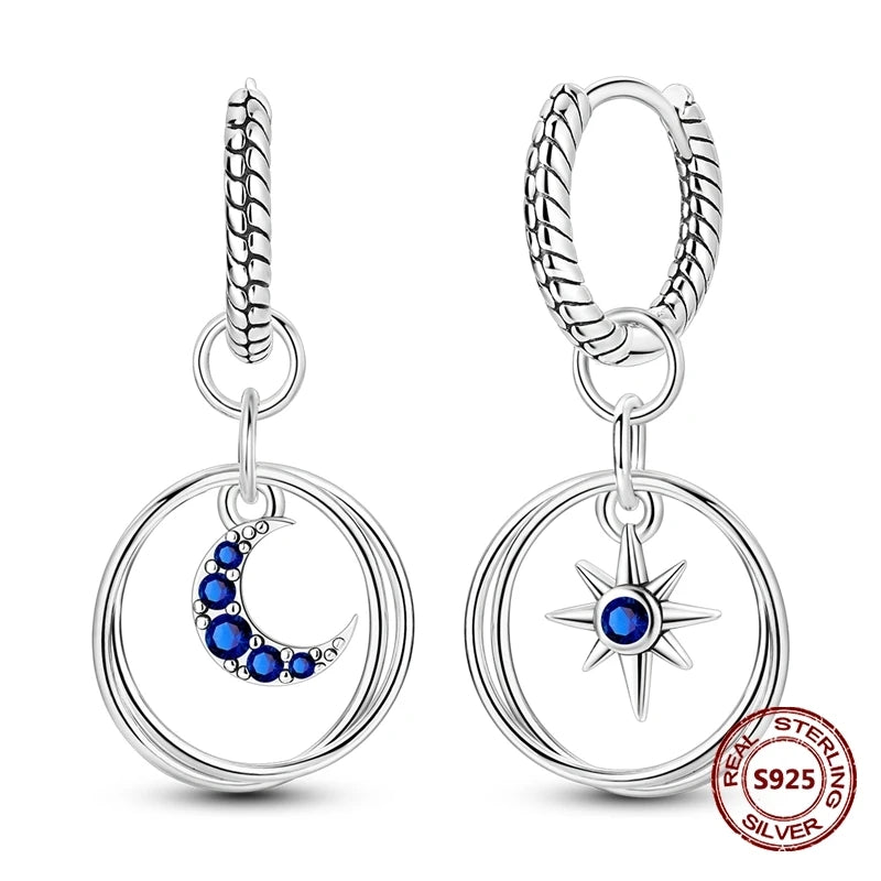 Oorbellen met Donkerblauwe Ster en Maan van 925 Zilver met Zirkonia