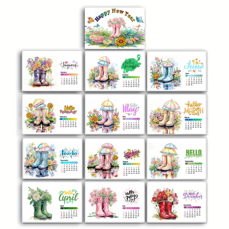 Diamond Painting Kalender met Bloementhema – Handgemaakte Bureaukalender met 13 Pagina’s