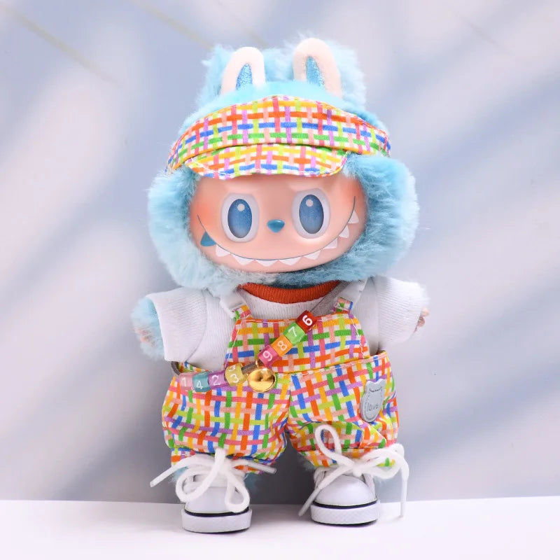Kleding voor Labubu poppen – Regenboog overall en hoed set 15/17cm
