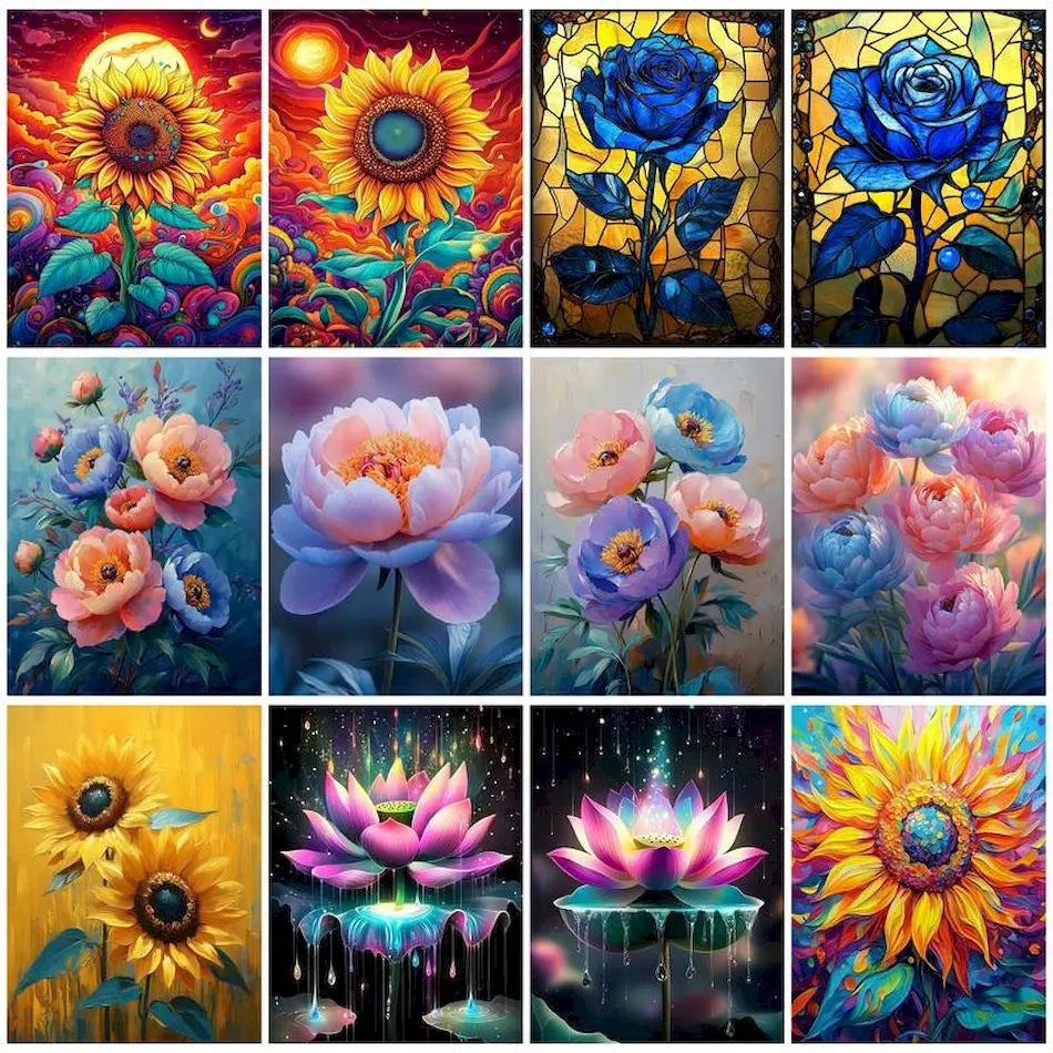 Schilderen op nummer Bloemen en Planten met Zonnebloemen en Lotus