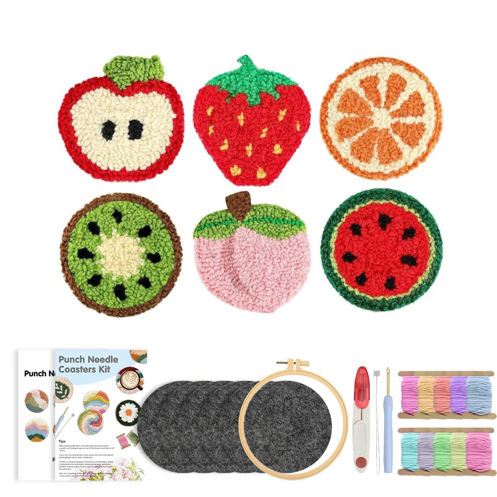 Punch Needle pakket Fruit onderzetters complete startersset 6-delig
