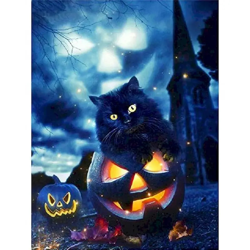 Diamond Painting Dieren 30x40cm met ronde steentjes - Halloween kat