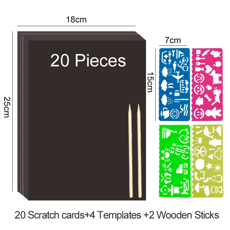 Krastekening set met 4 schildertemplates en kleurrijk kraspapier