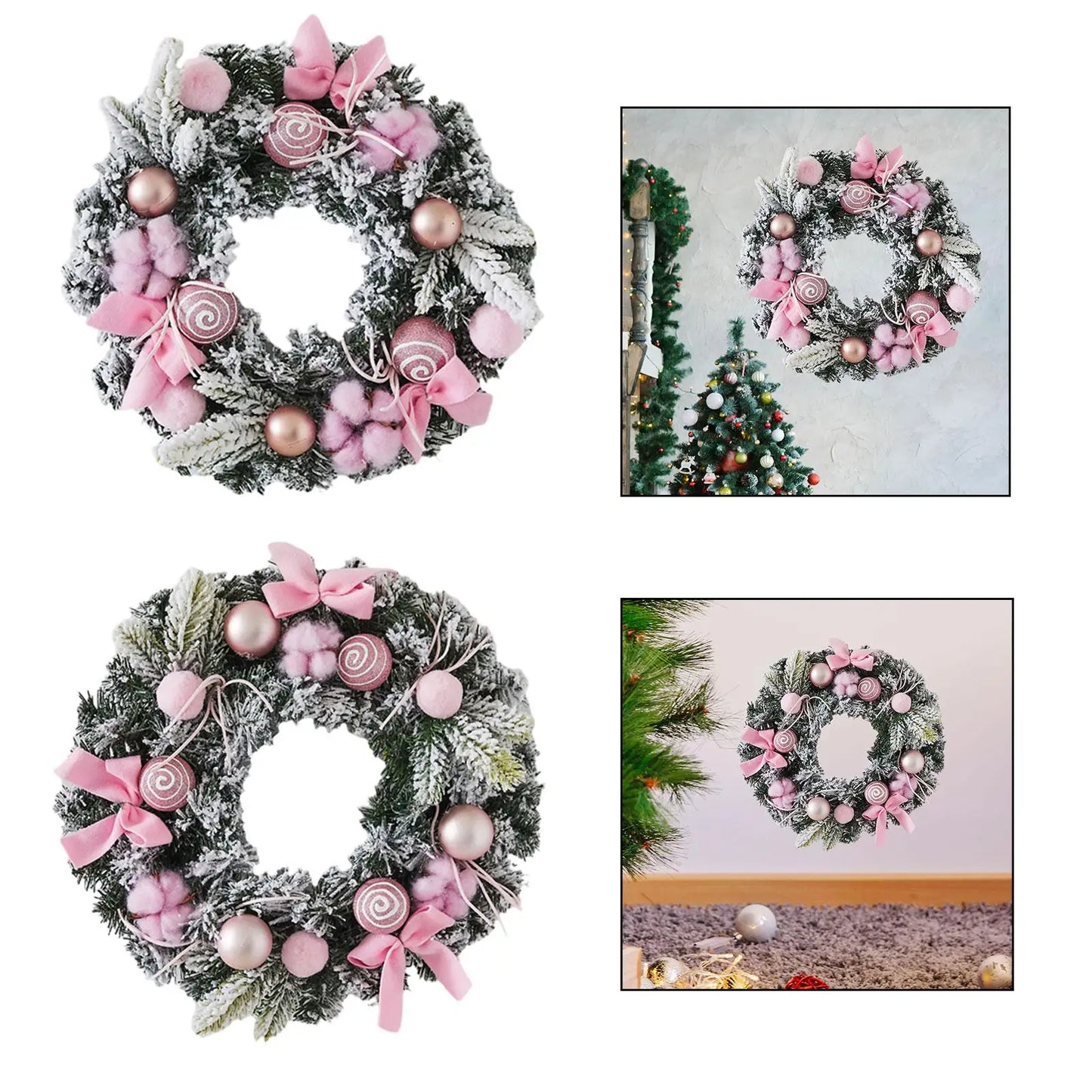 Kerst krans met roze strik – stijlvolle winterdecoratie voor deur en muur