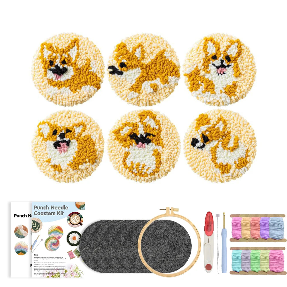 Punch Needle pakket Hond Onderzetters Set voor Beginners 6 Stuks
