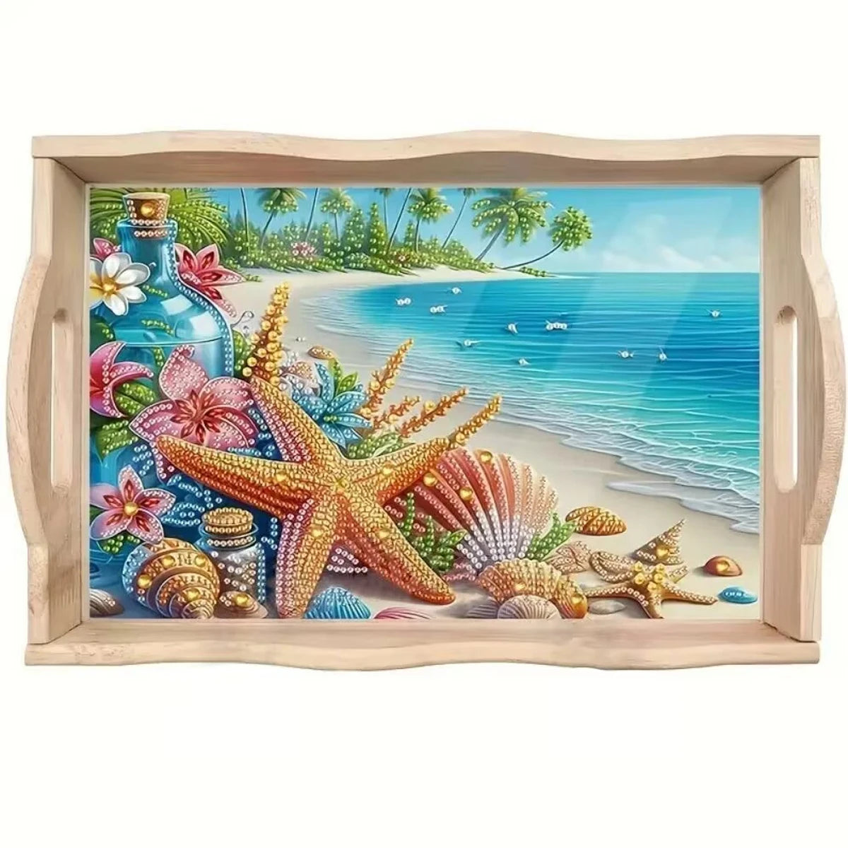 Diamond Painting Dienblad Zee, Strand en Zeesterren met Speciale Kristalsteentjes Houten Tray