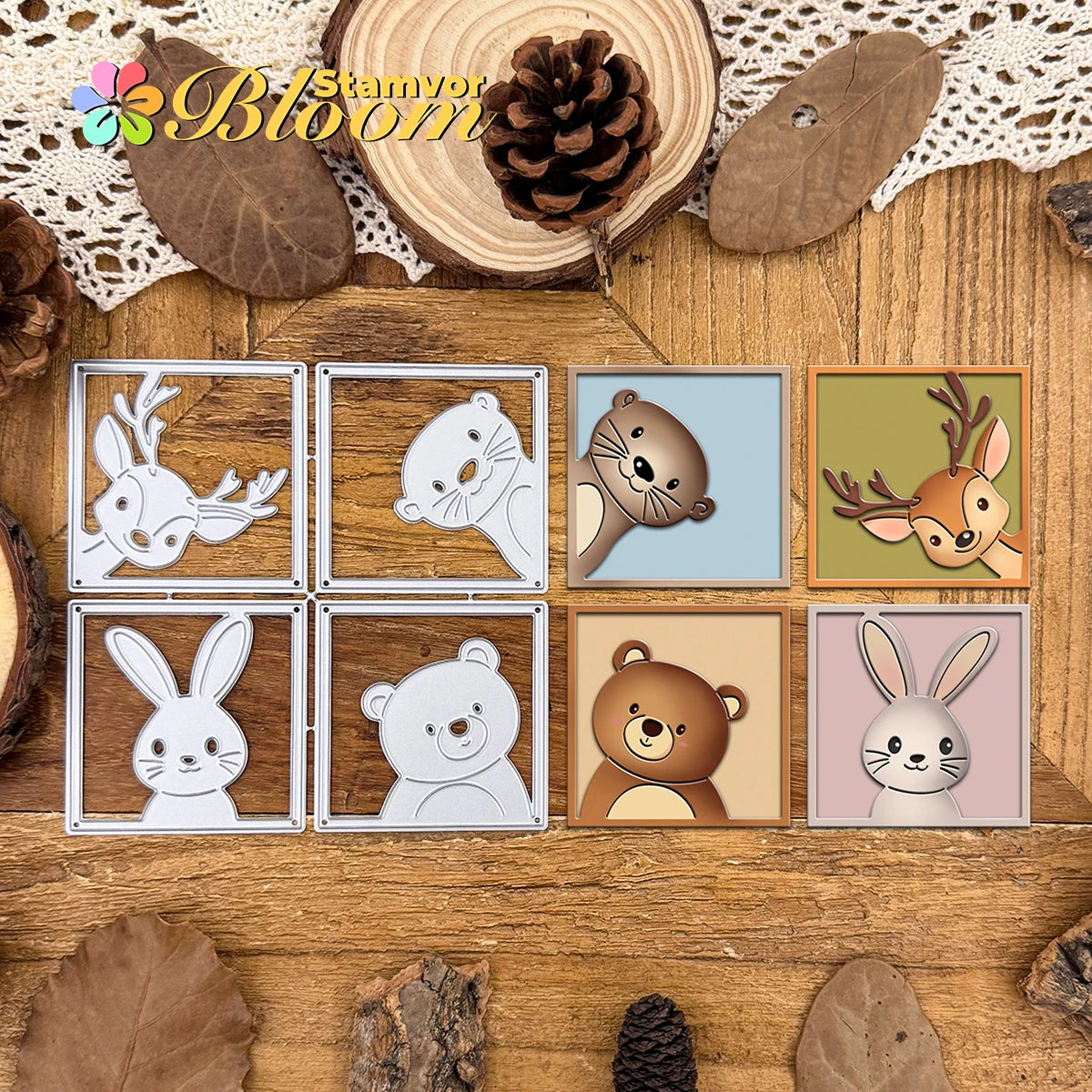 Metalen snijmal bosdieren in vierkante frames voor kaarten en decoratie