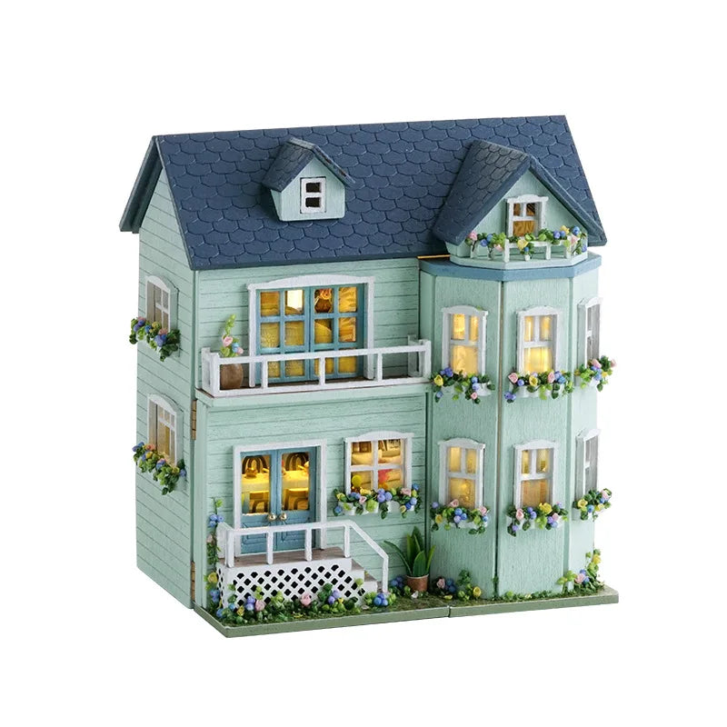 Zelfbouw miniatuurhuisje houten villa met meubels en verlichting - D-005