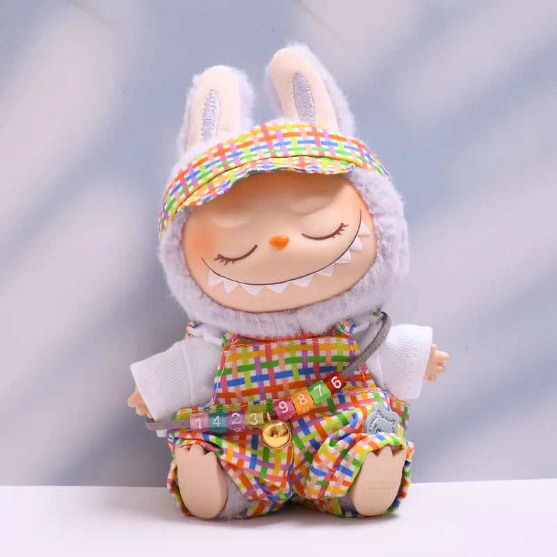 Kleding voor Labubu poppen – Regenboog overall en hoed set 15/17cm