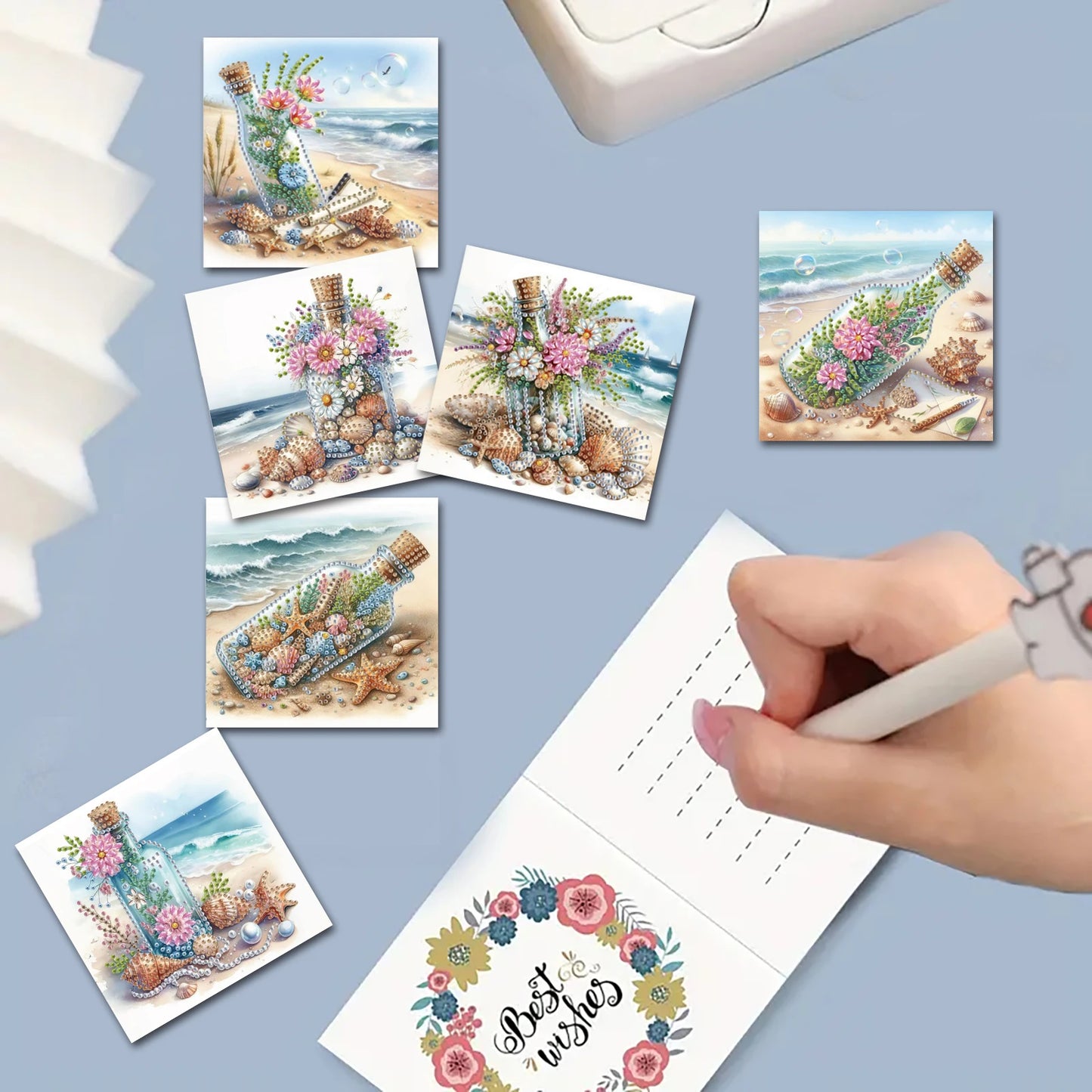 Diamond Painting Wenskaarten set Strand flessen patroon 6 stuks