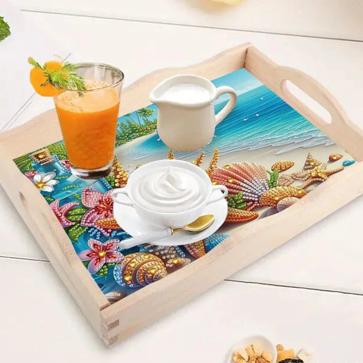Diamond Painting Dienblad Zee, Strand en Zeesterren met Speciale Kristalsteentjes Houten Tray