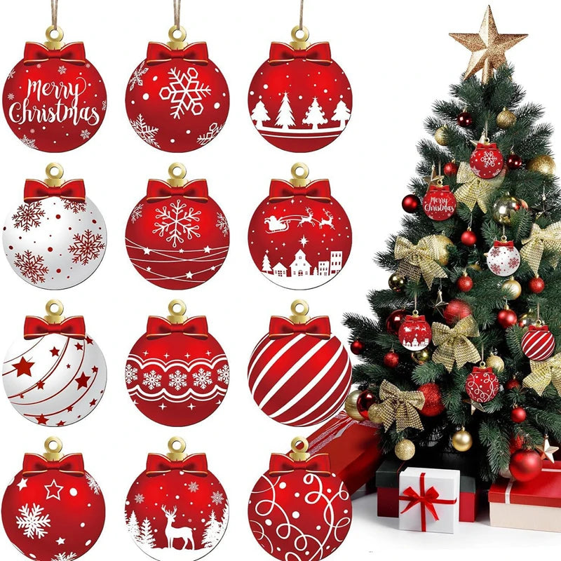 Kerstballen set hout – 12 stuks platte hangers voor kerstboomdecoratie