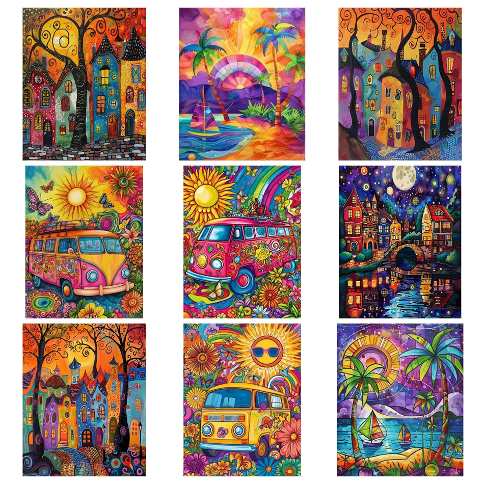 Schilderen op nummer Landschappen - Abstracte huizen, landschappen en busjes (Keuze uit 13 afbeeldingen)