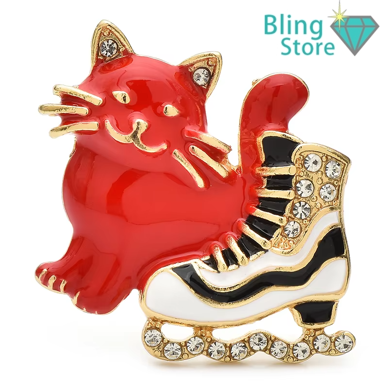 Kerst Broche Kat en Schaats – Winterse Emaille Speld voor Unisex Cadeaus